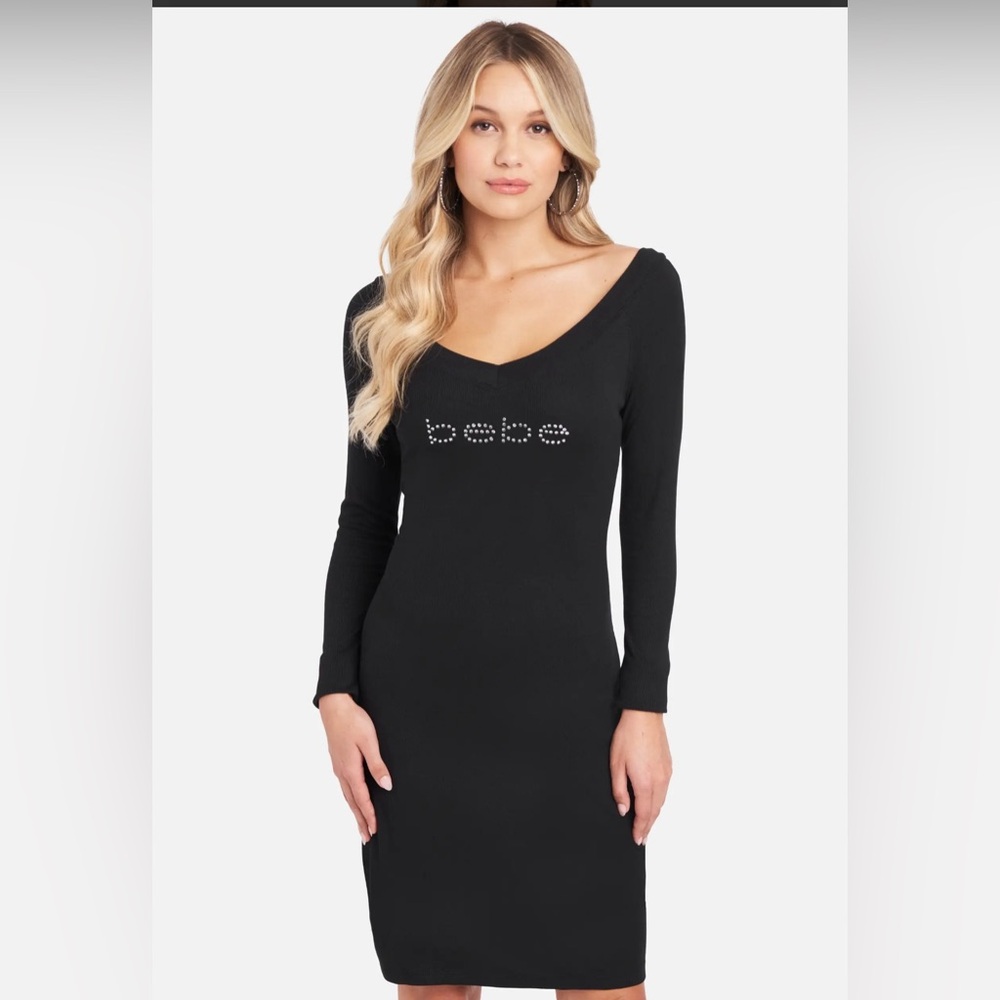 Bebe Long Sleeve Logo Dress Swarovski Crystal Rhinestone Black Style 701822 Sz S